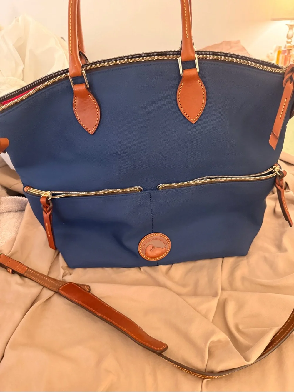 Blue Women's Tote Bag with Brown Trim